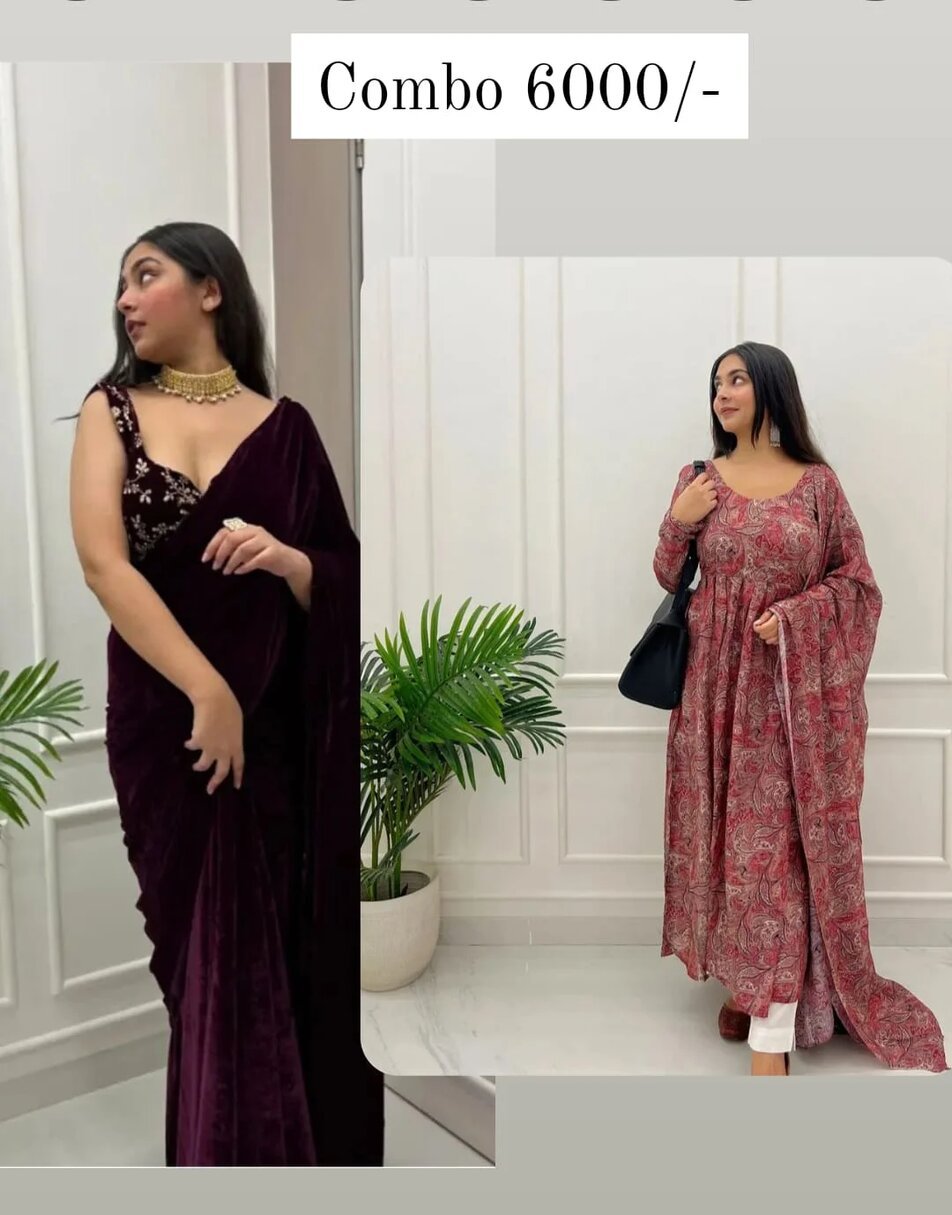 Wine velvet saree with stiched blouse Printed chanderi anarkali suit