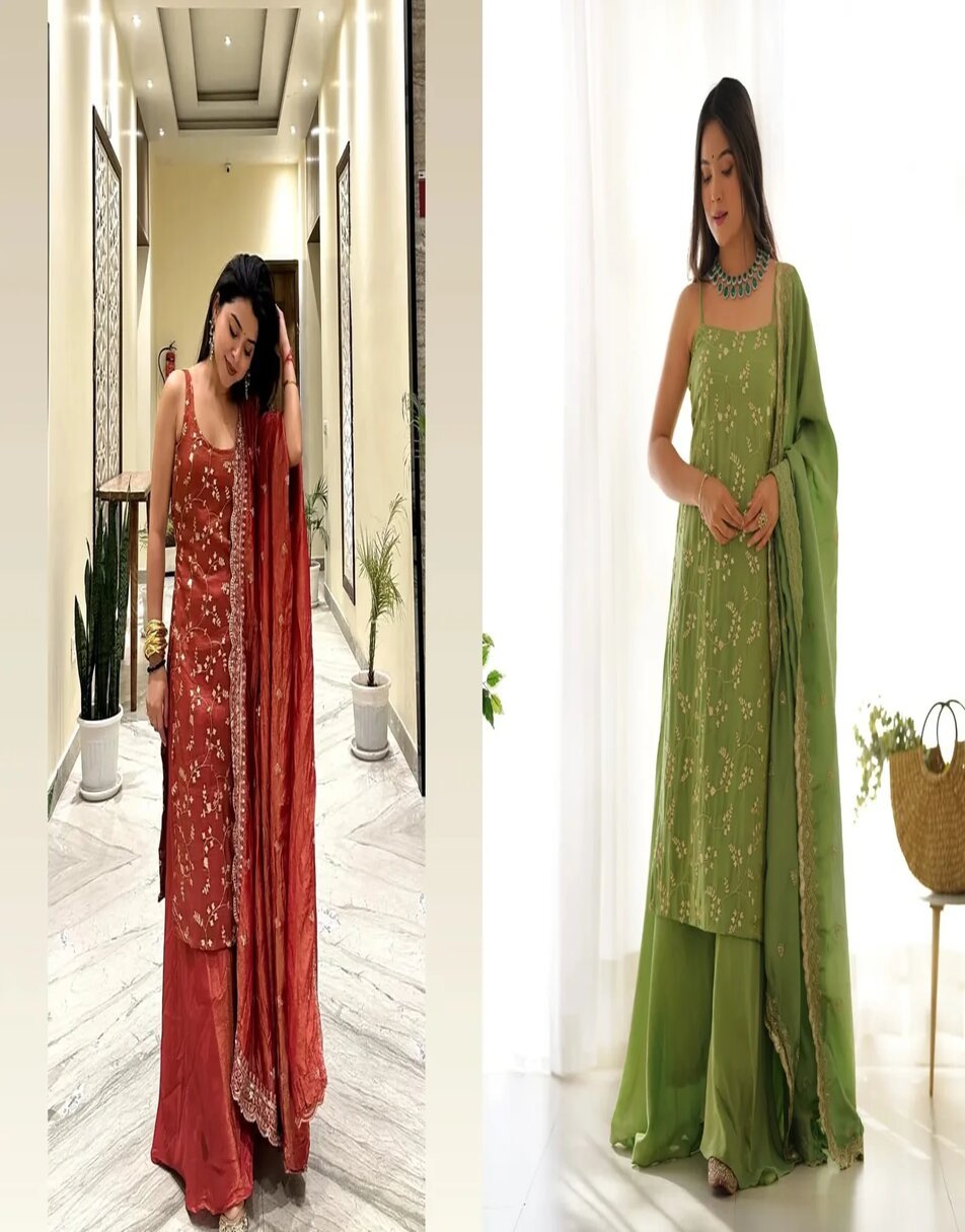Rust orange tissue sharara set and green tissue sharara set