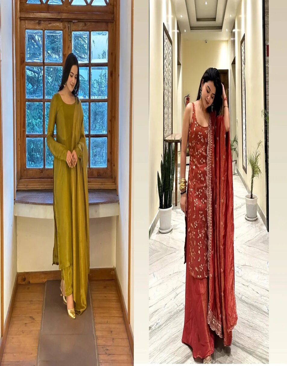 olive golden tissue suit and orange sharara set
