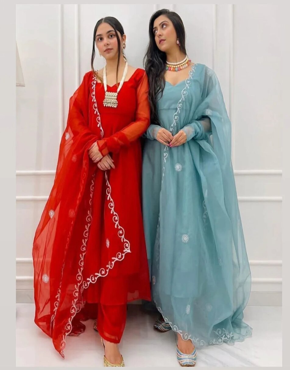 Red organza suit and Aqua blue organza suit