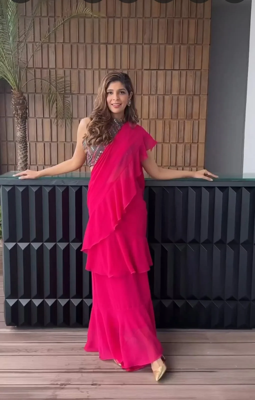 Pink Ruffle Saree With Halter Neck Blouse