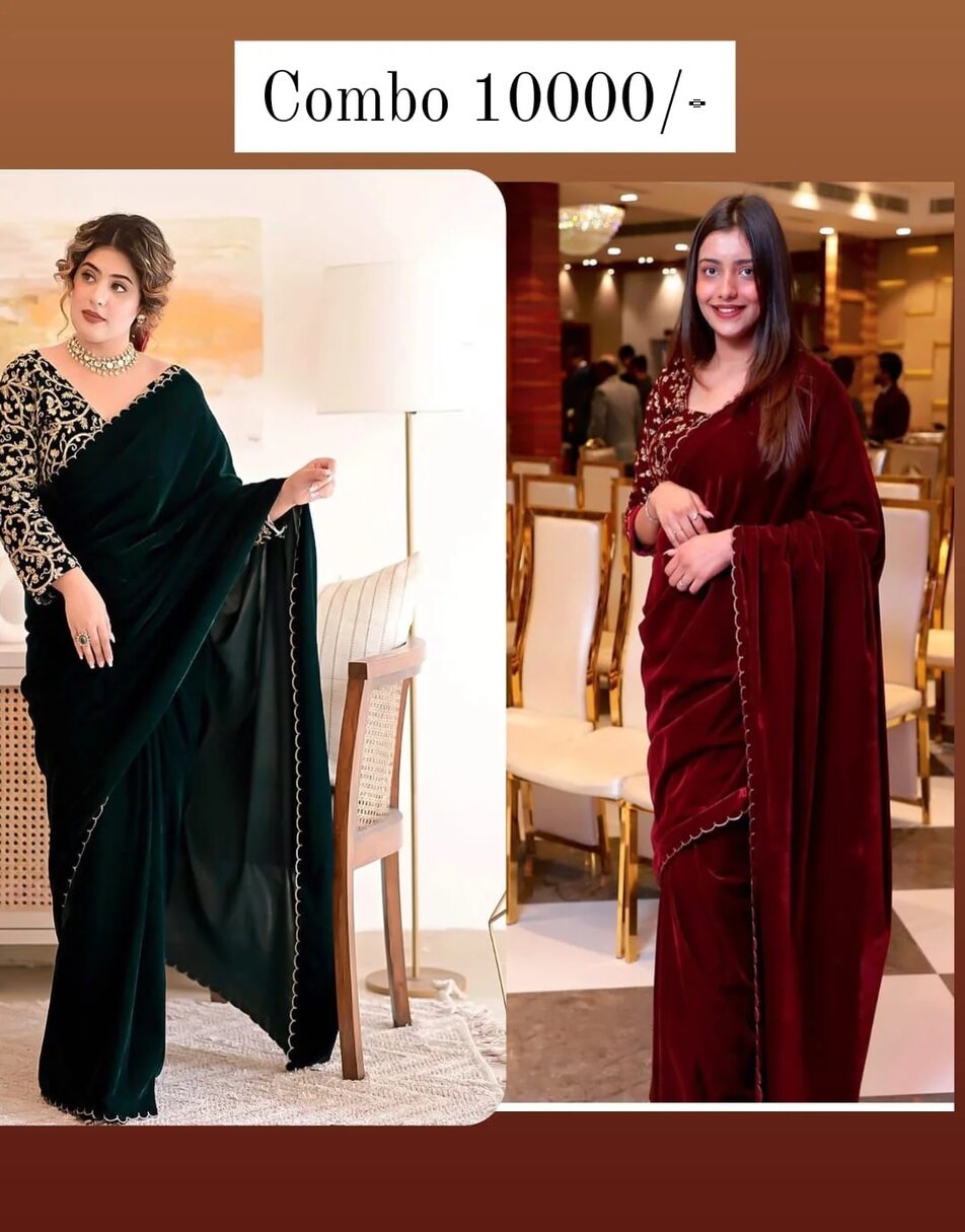 Bottle green velvet saree and maroon velvet saree with stiched blouse
