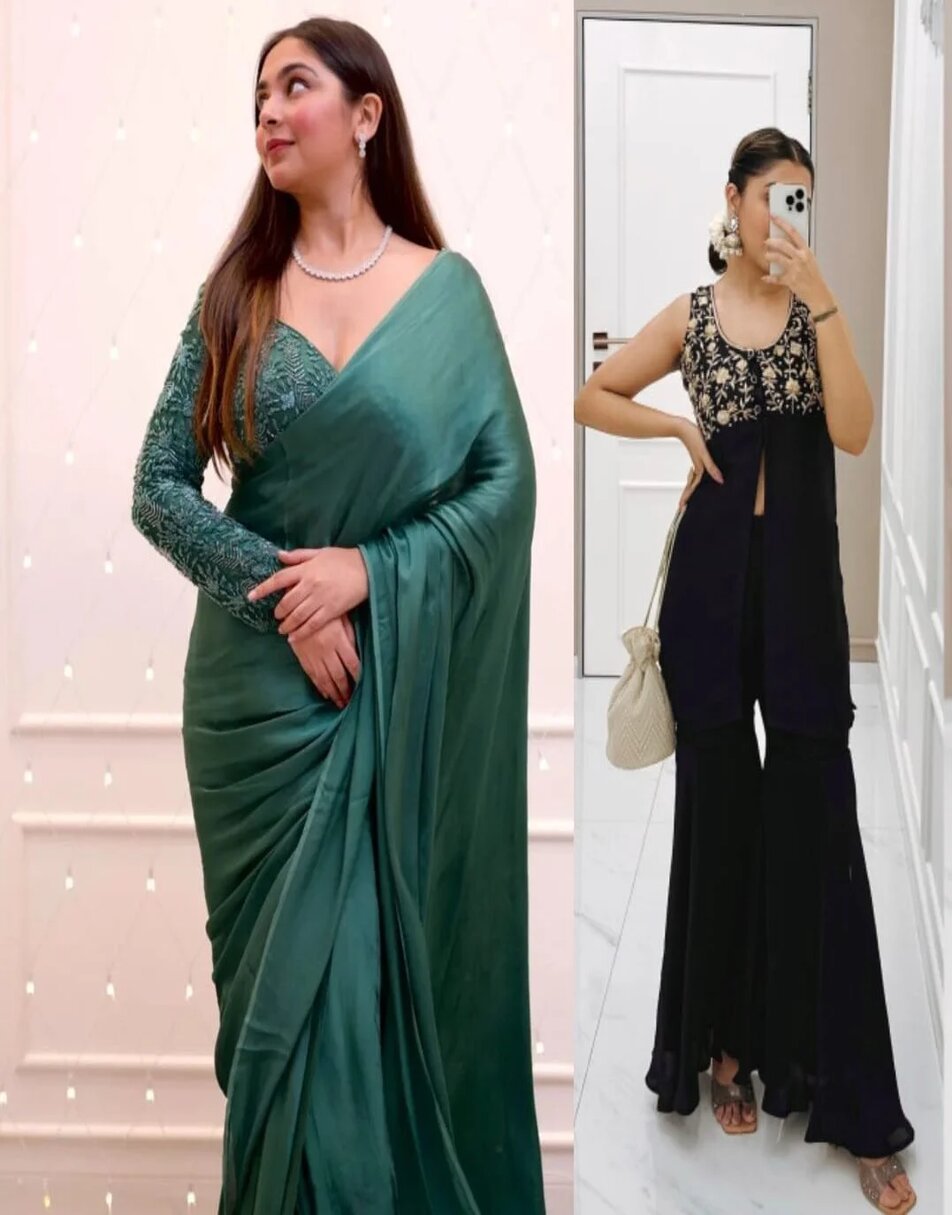 Bottle green chiffon satin saree with embroidered blouse and black short slit kurti with sharara