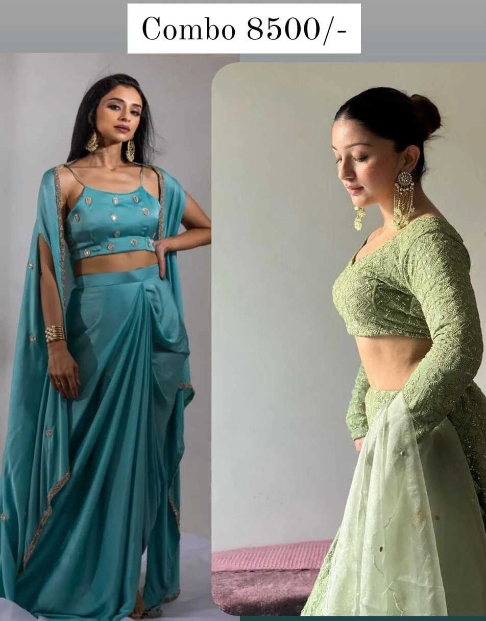 blue dhoti set and Sage green luckwoni lehenga with embroidered dupatta