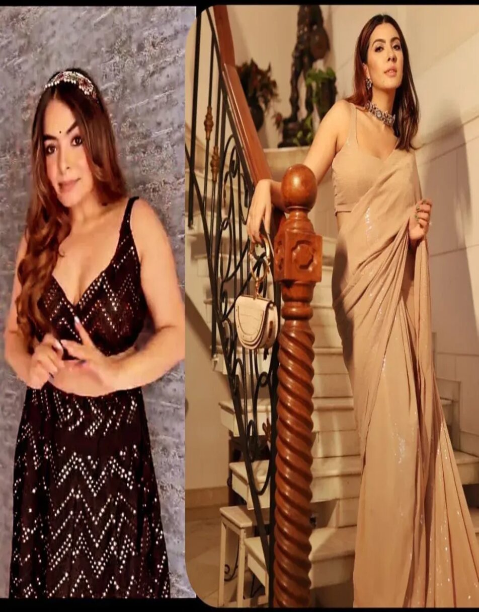 Black mirror work lehenga and Champagne sequin saree