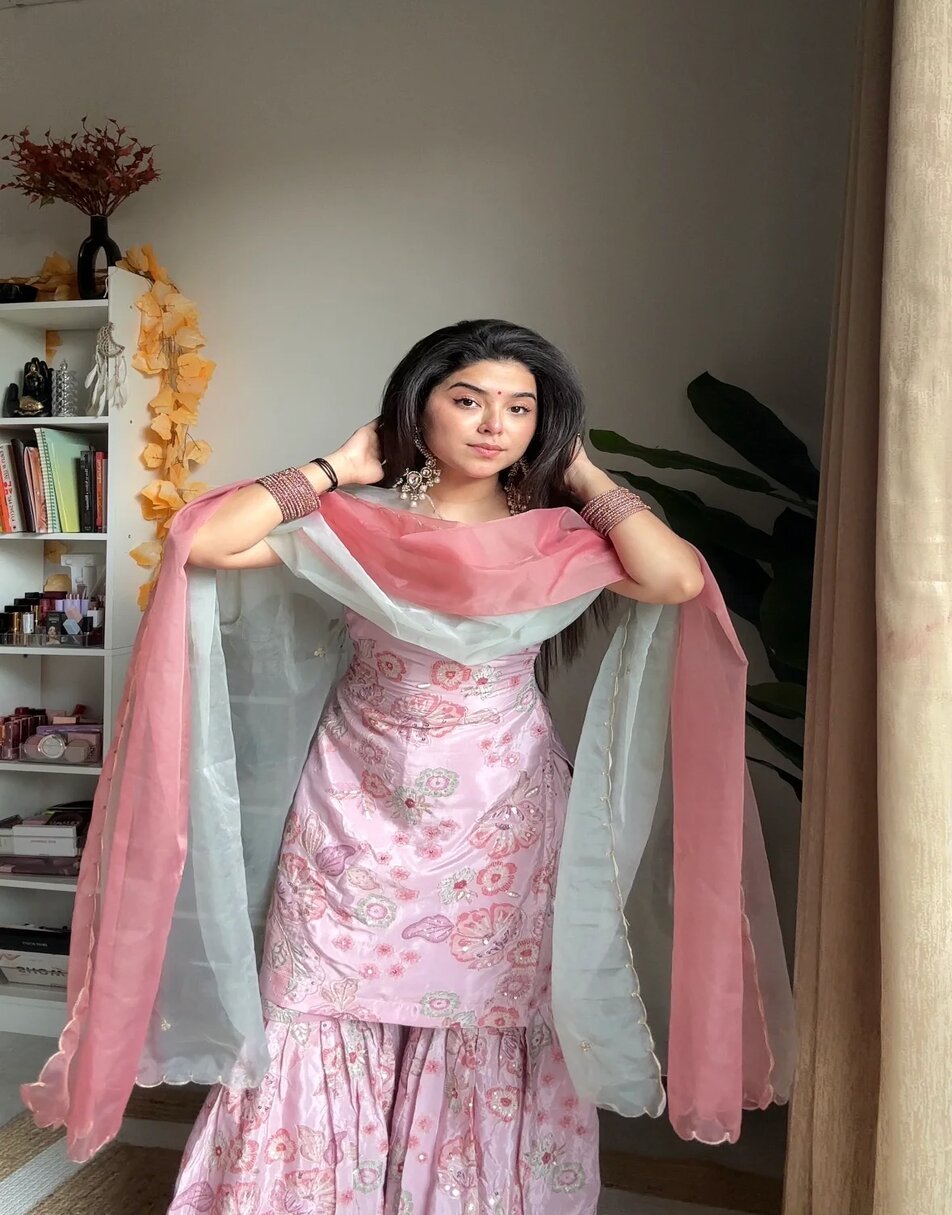 Floral pink sharara set with shaded dupatta