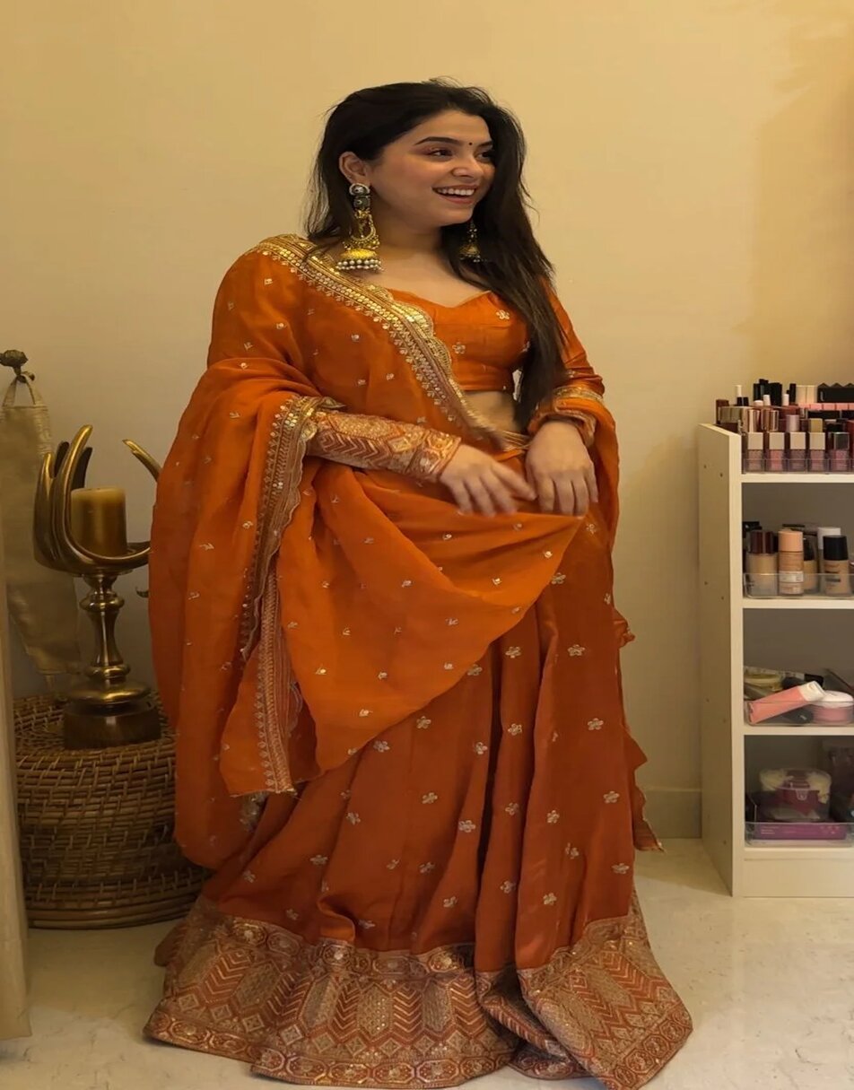 Rust Orange Gajji Silk Lehenga