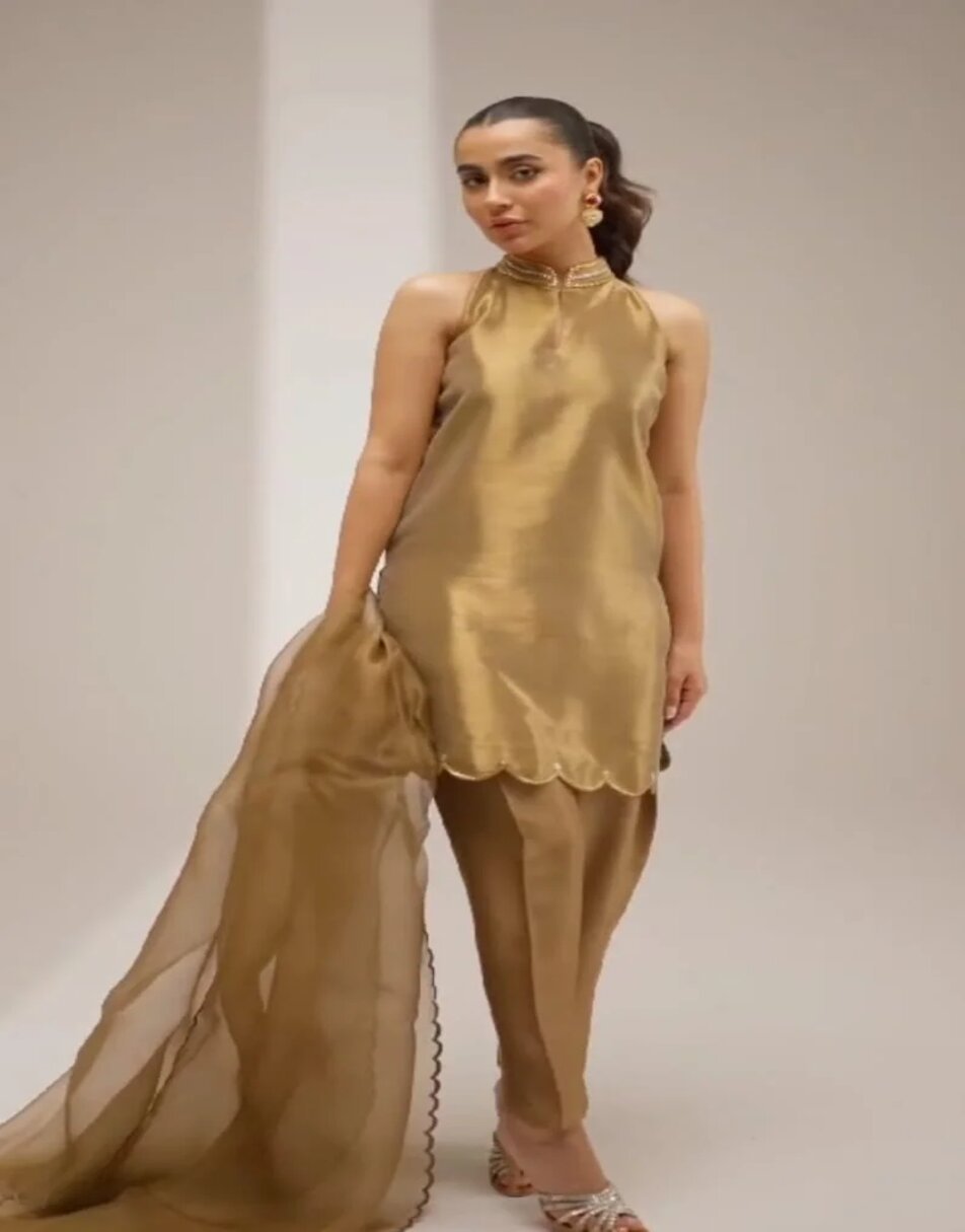 Golden tissue short kurti suit with hand embroidered dupatta