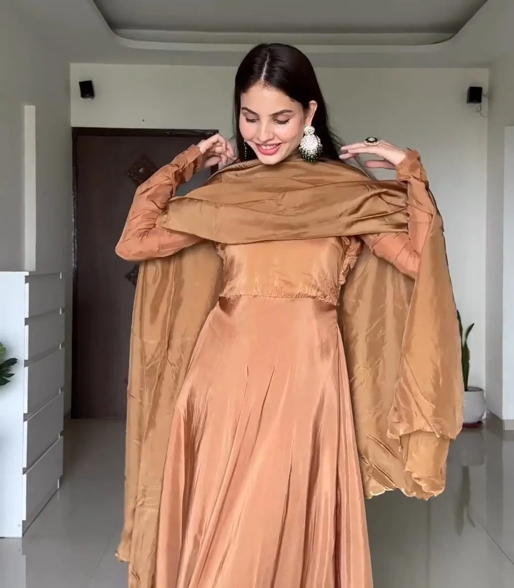 Brown Uppada Silk Anarkali Suit With Embroidered Dupatta