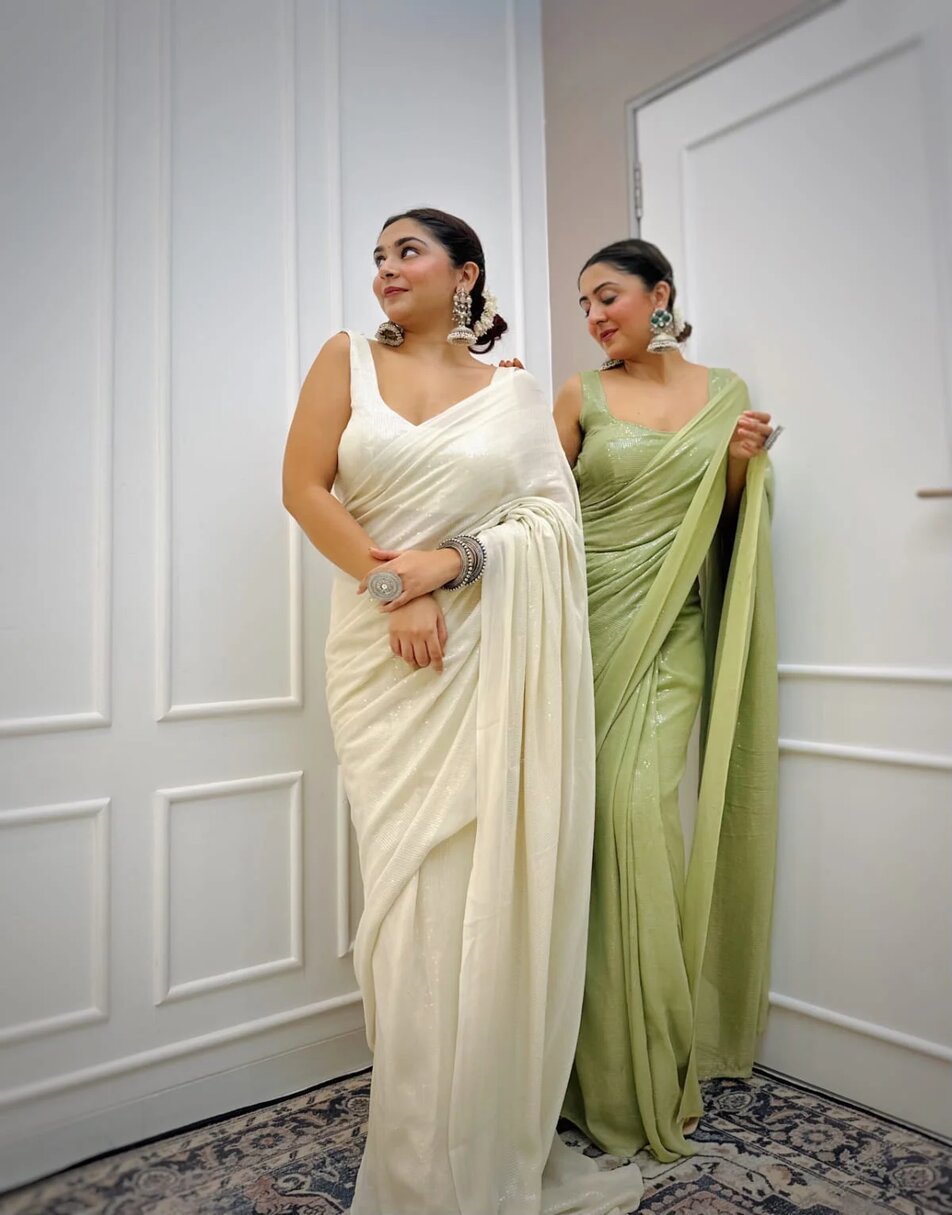 Smoke White Sequin Saree without stitched blouse