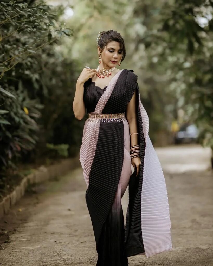 Sand Beige And Black Pleated Saree