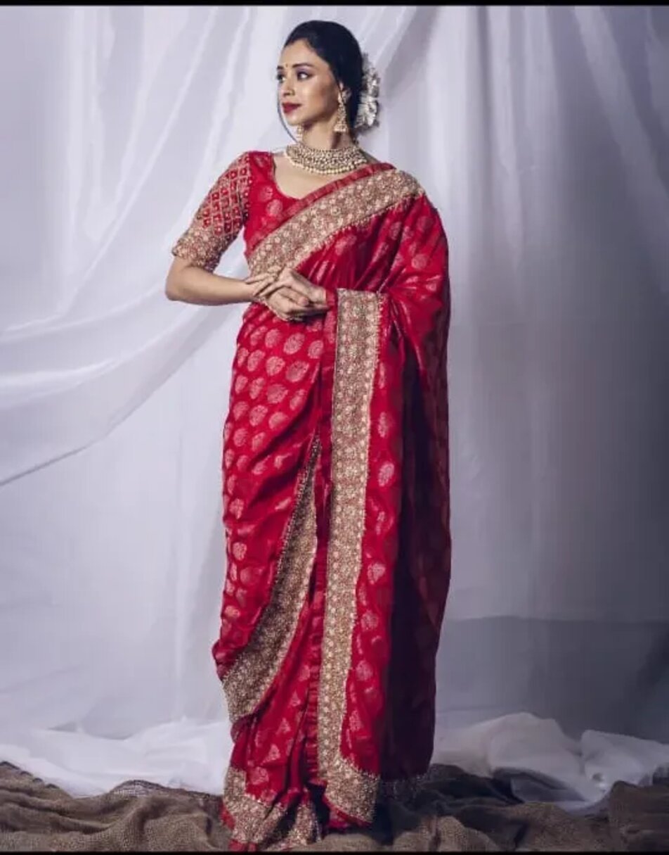 Red Jacquard Banarasi Saree With All Over Embroidery