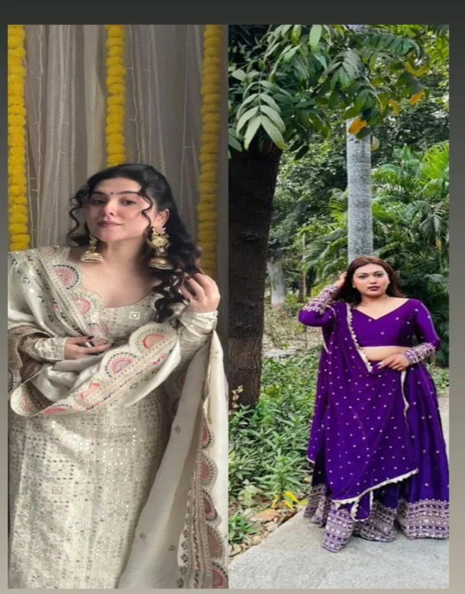 Off white embroidered sharara set and purple gajji silk lehenga