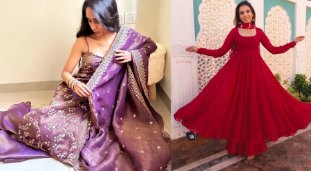 Purple tissue sharara and Red georgette suit