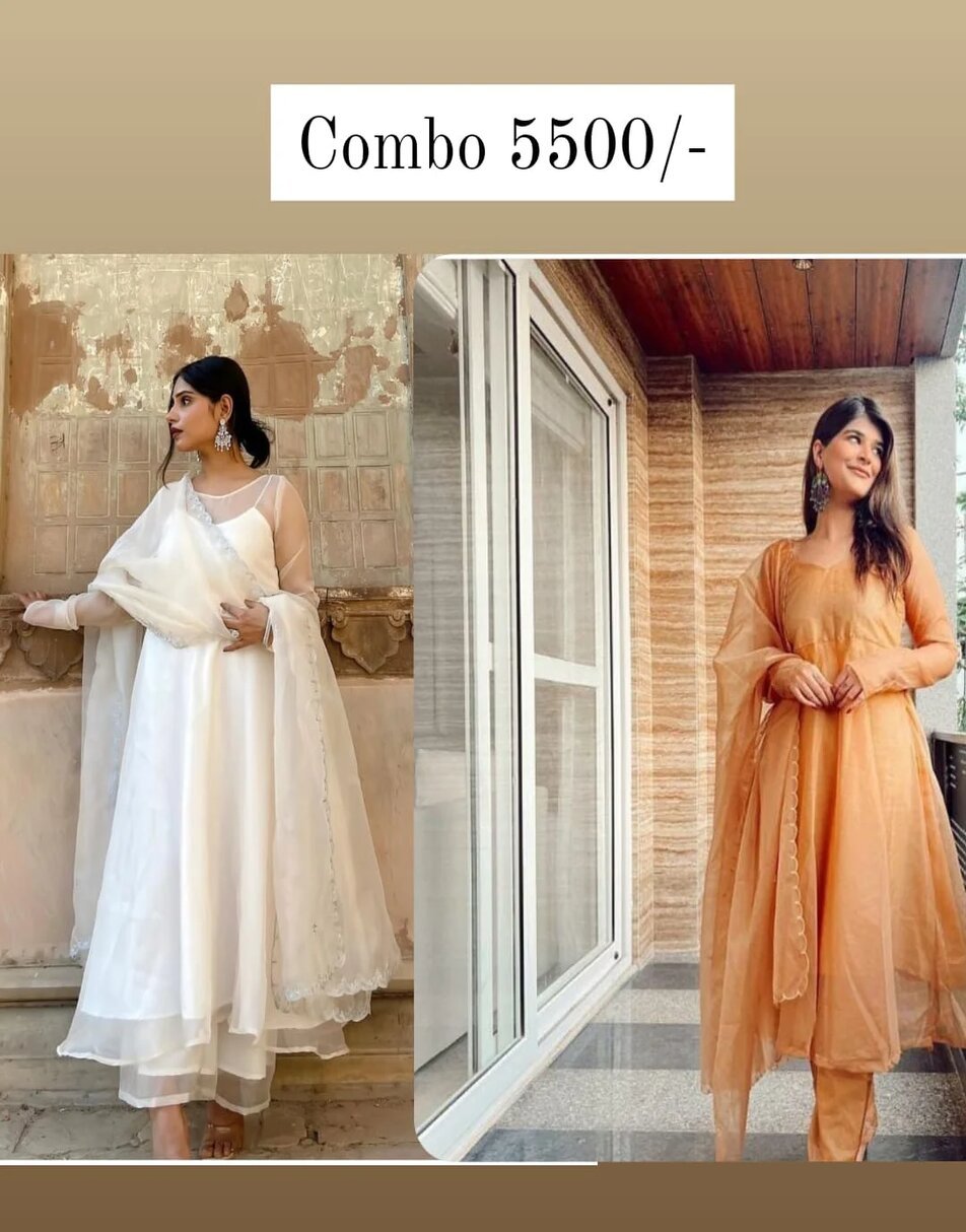 White anarkali suit and Light brown anarkali suit