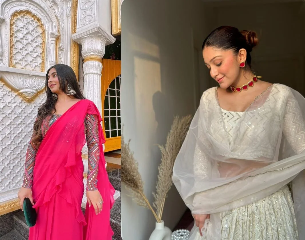 Pink ruffle saree with embroidered blouse and Off white luckwoni lehenga with embroidered dupatta