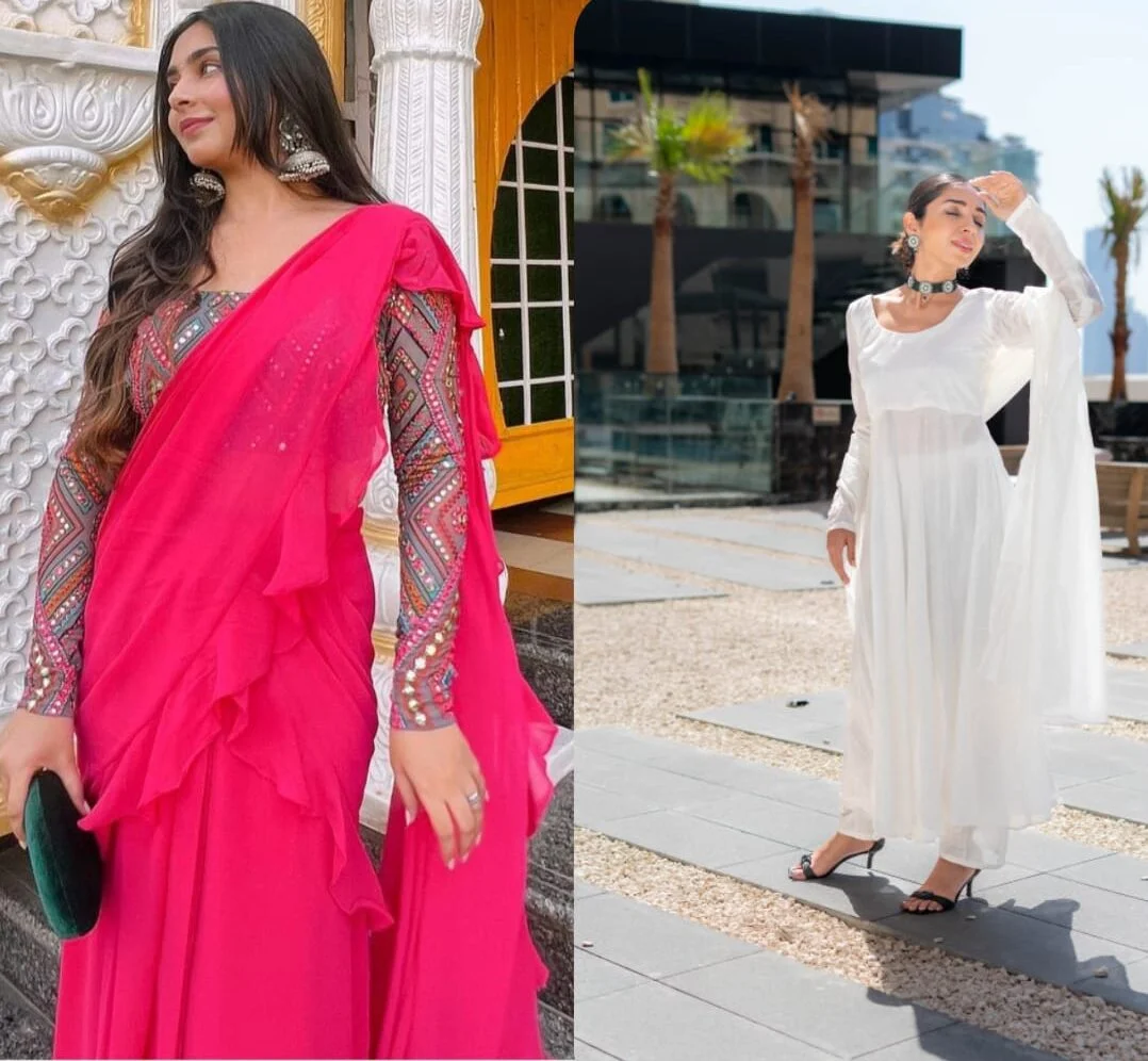 Pink ruffle saree with embroidered blouse and Chanderi anarkali suit