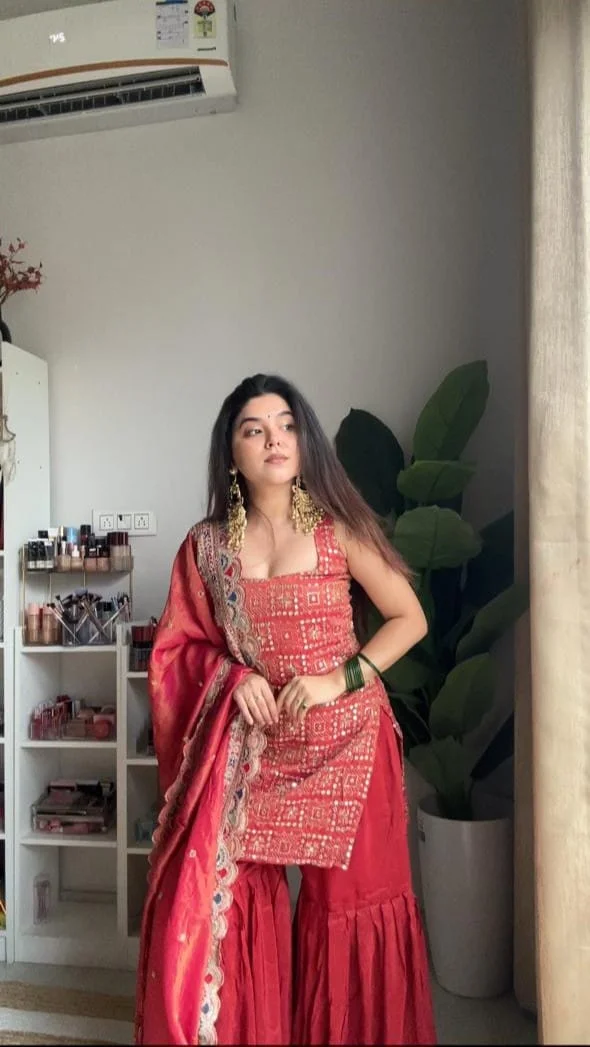 Rust orange mirror work sharara set