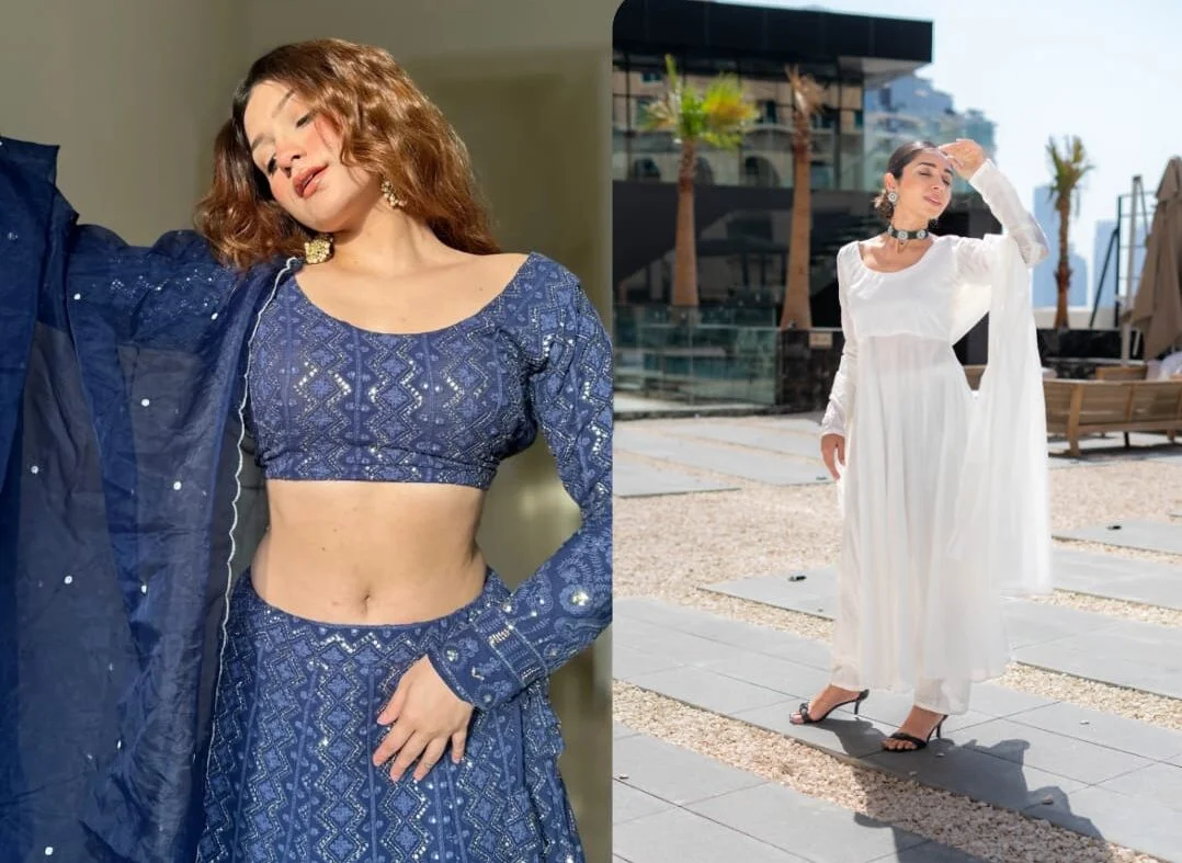 Navy blue lucknowi lehenga with embroidered dupatta and White chanderi anarkali suit