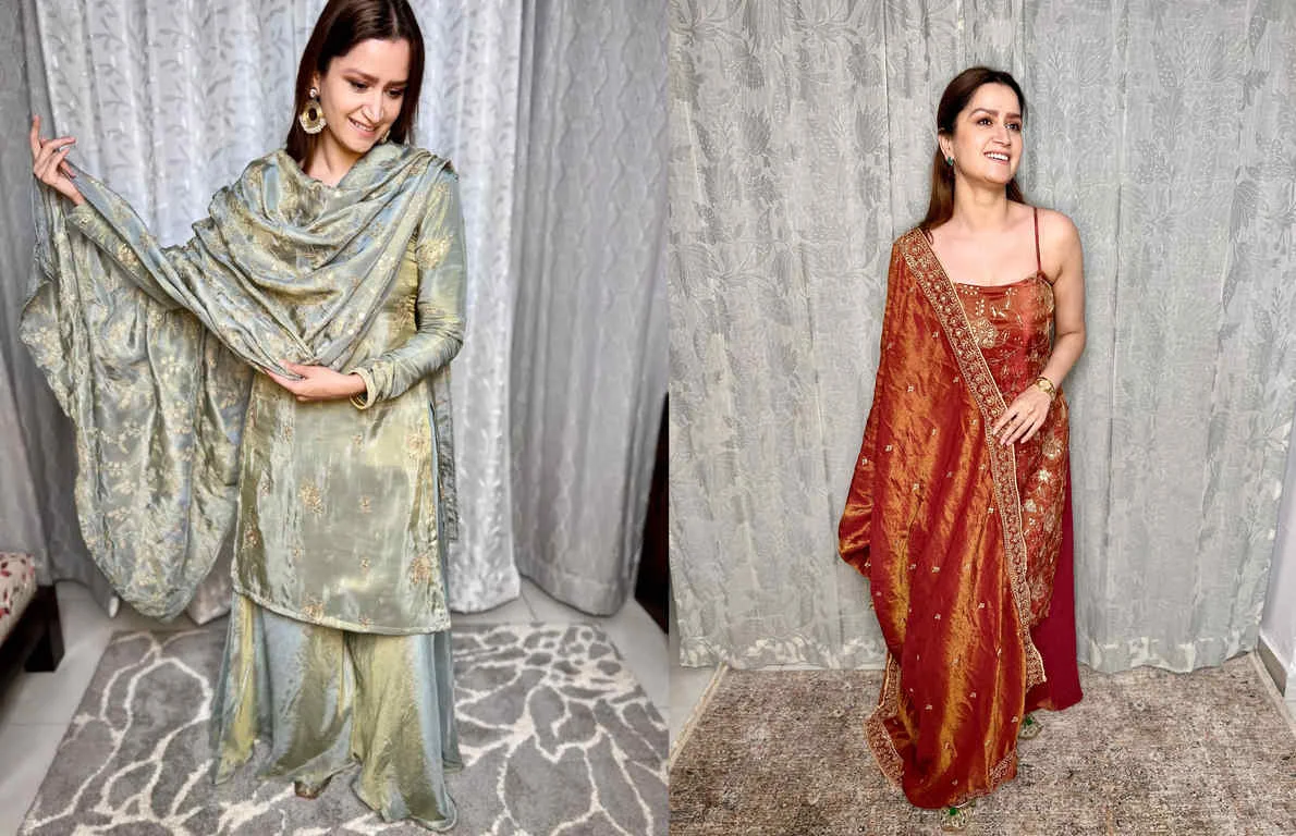 Marian blue tissue sharara set and Rust chanderi sharara set