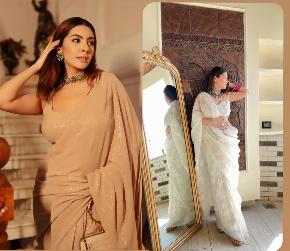 Champagne sequin saree and White floral embroidered saree