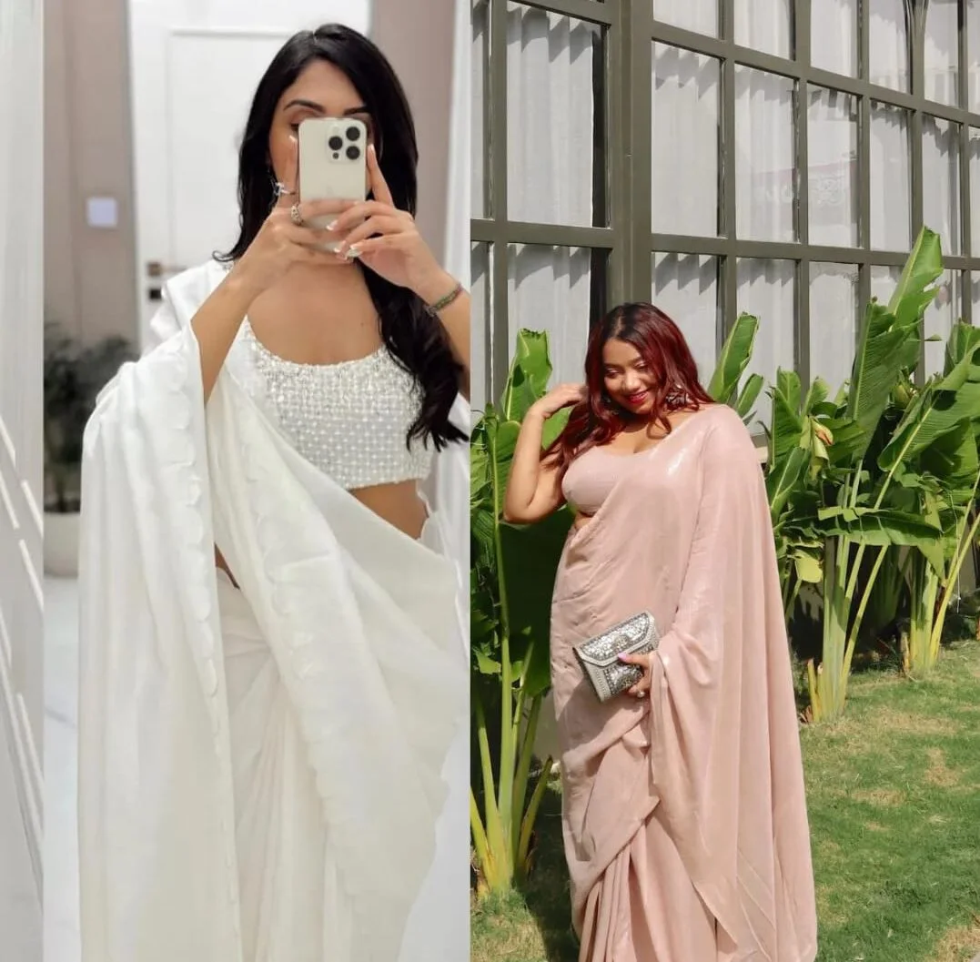 Ivory uppada silk saree with embellished blouse and Nude sequin saree