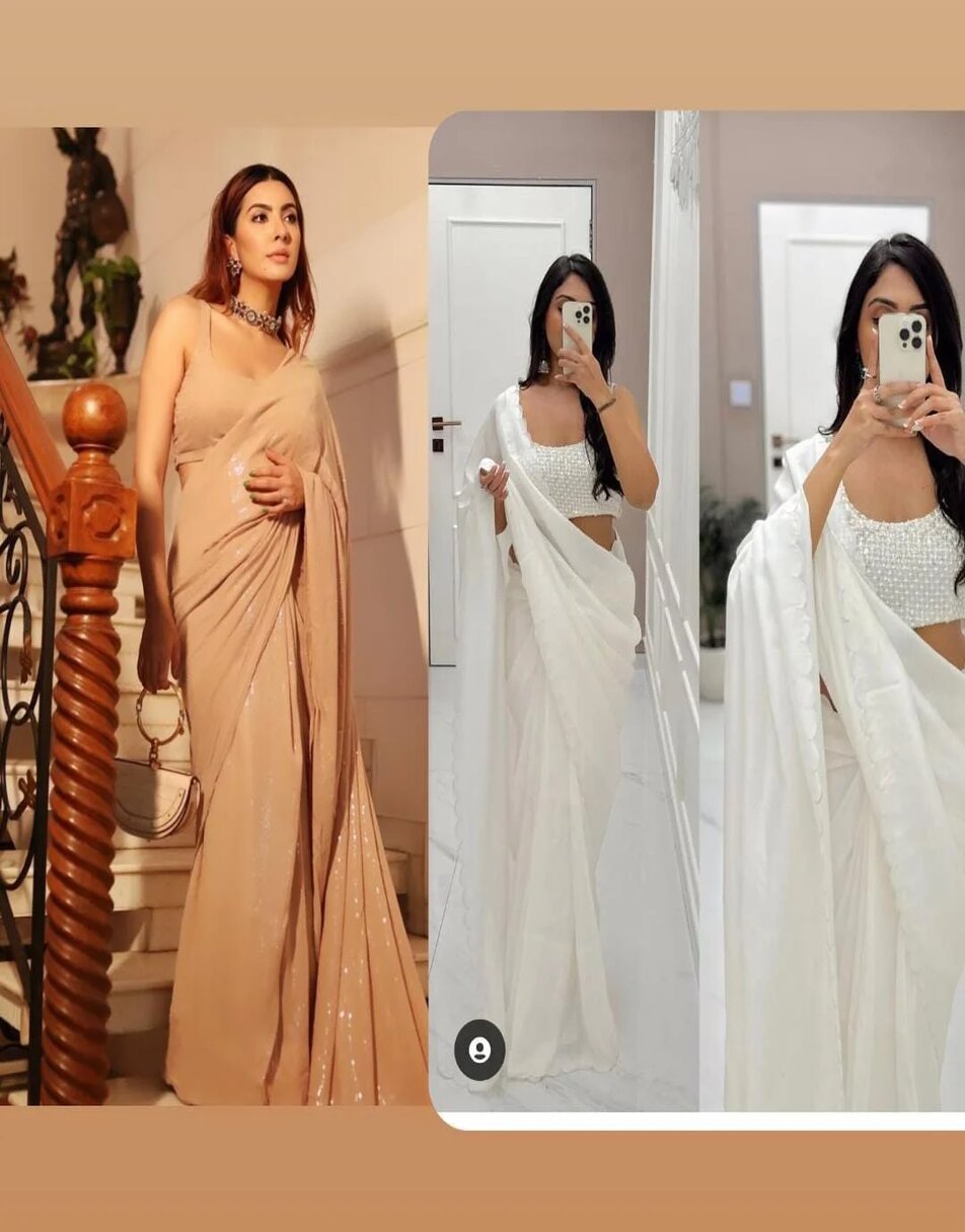 Champagne sequin saree and Ivory saree with stiched blouse