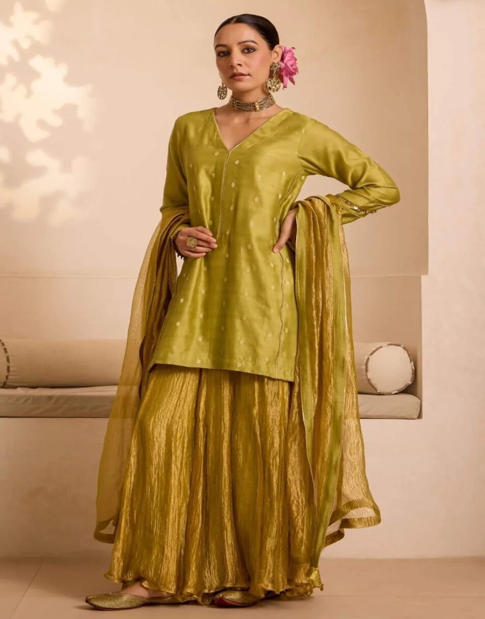 Lime and Mustard yellow tissue silk sharara set