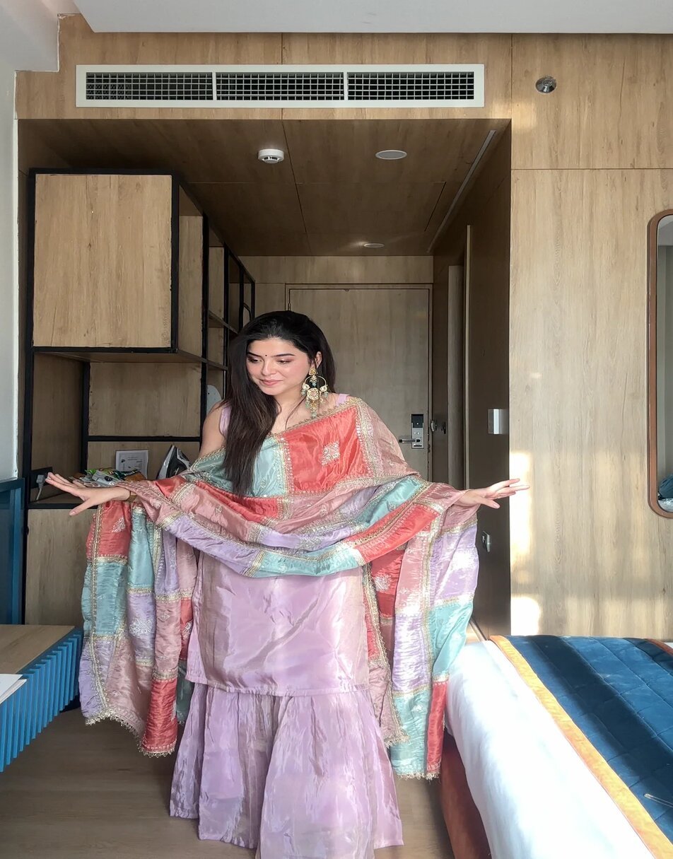 Purple Tissue Sharara Set With Multi Colour Embroidered Dupatta