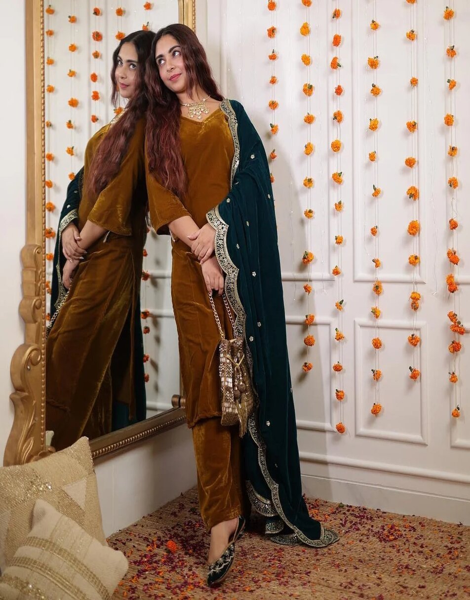 Mud Yellow Velvet Suit With Teal Blue Embroidered Dupatta