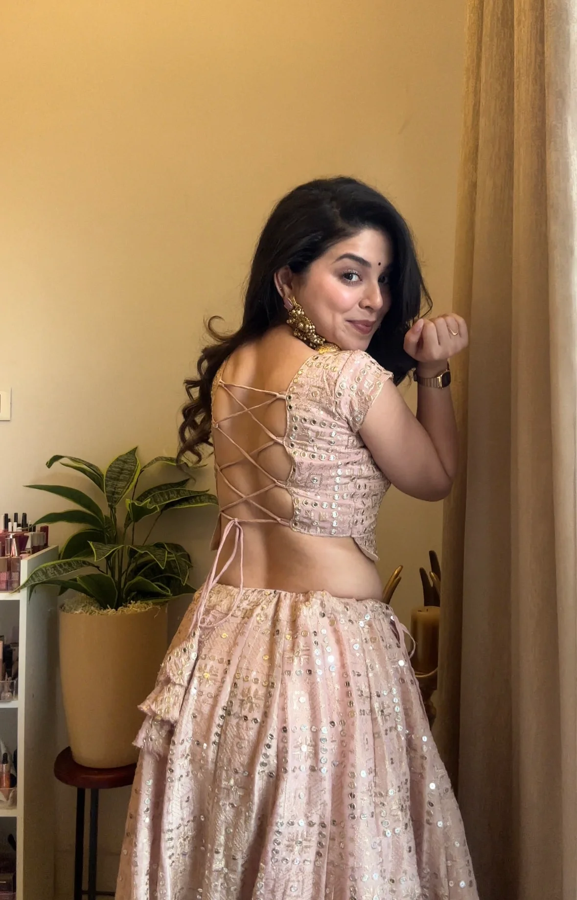 Powder Pink Mirror Work Tissue Lehenga