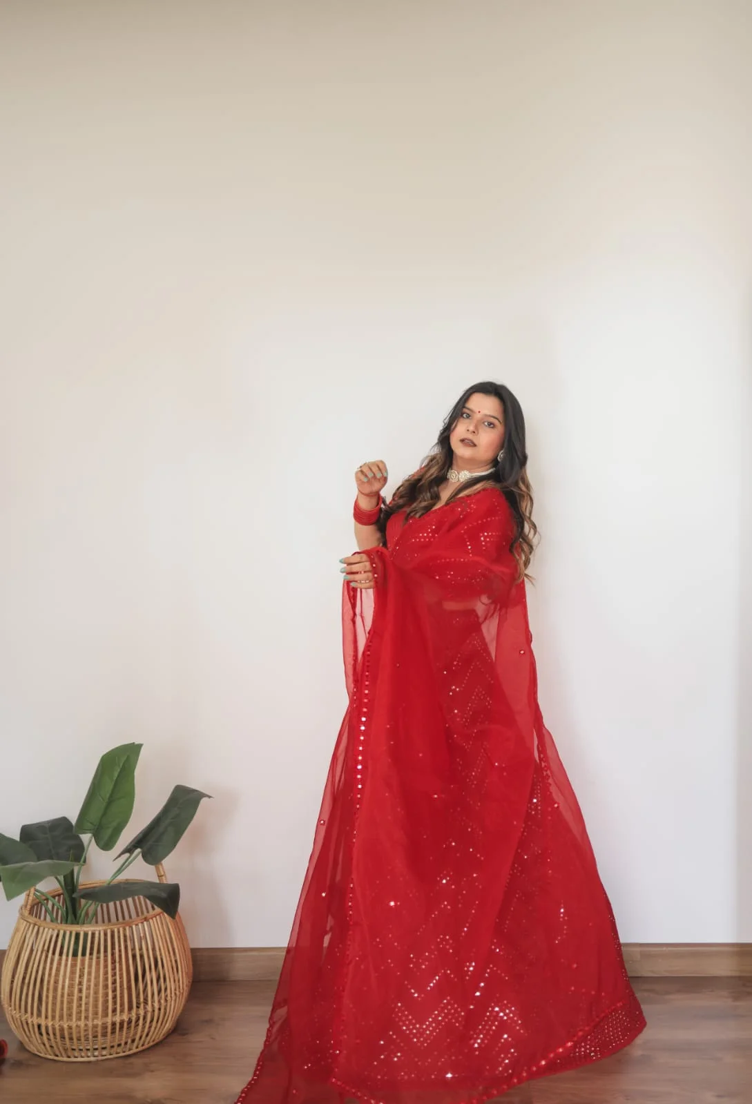 Red mirror lehenga with hand embroidered mirror dupatta