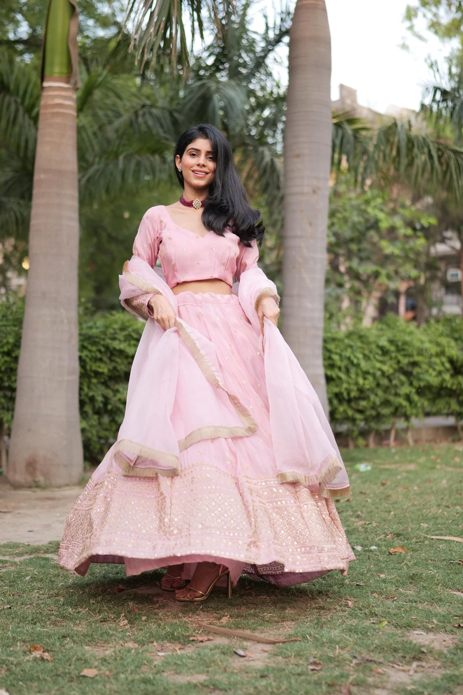 Pink tissue lehenga