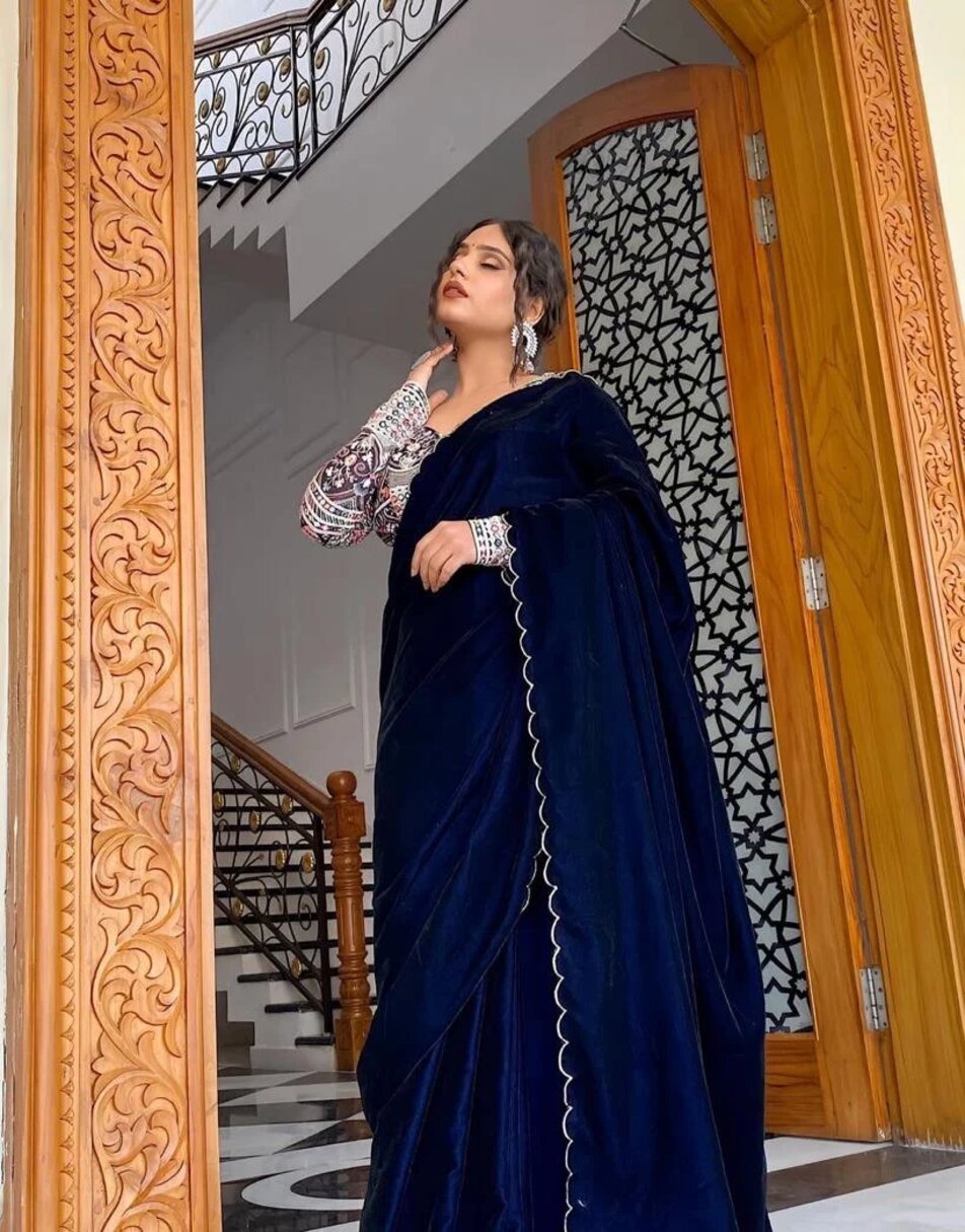 Navy Blue Velvet Saree