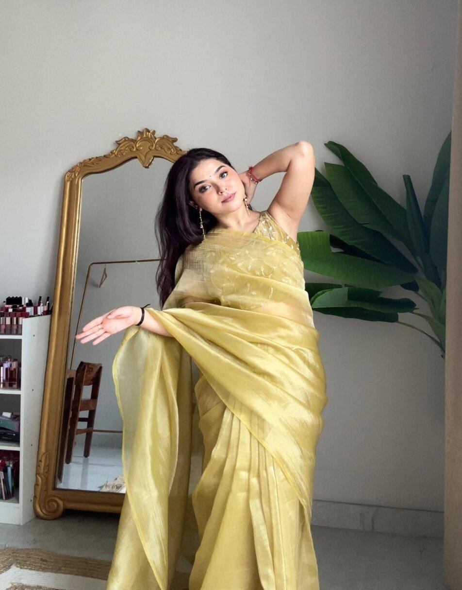 Yellow zari tissue saree