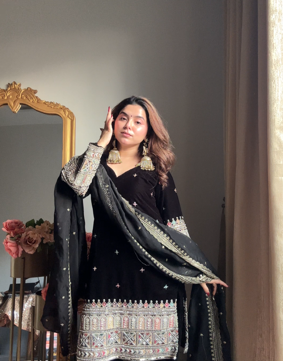 Black velvet heavy embroidered sharara set