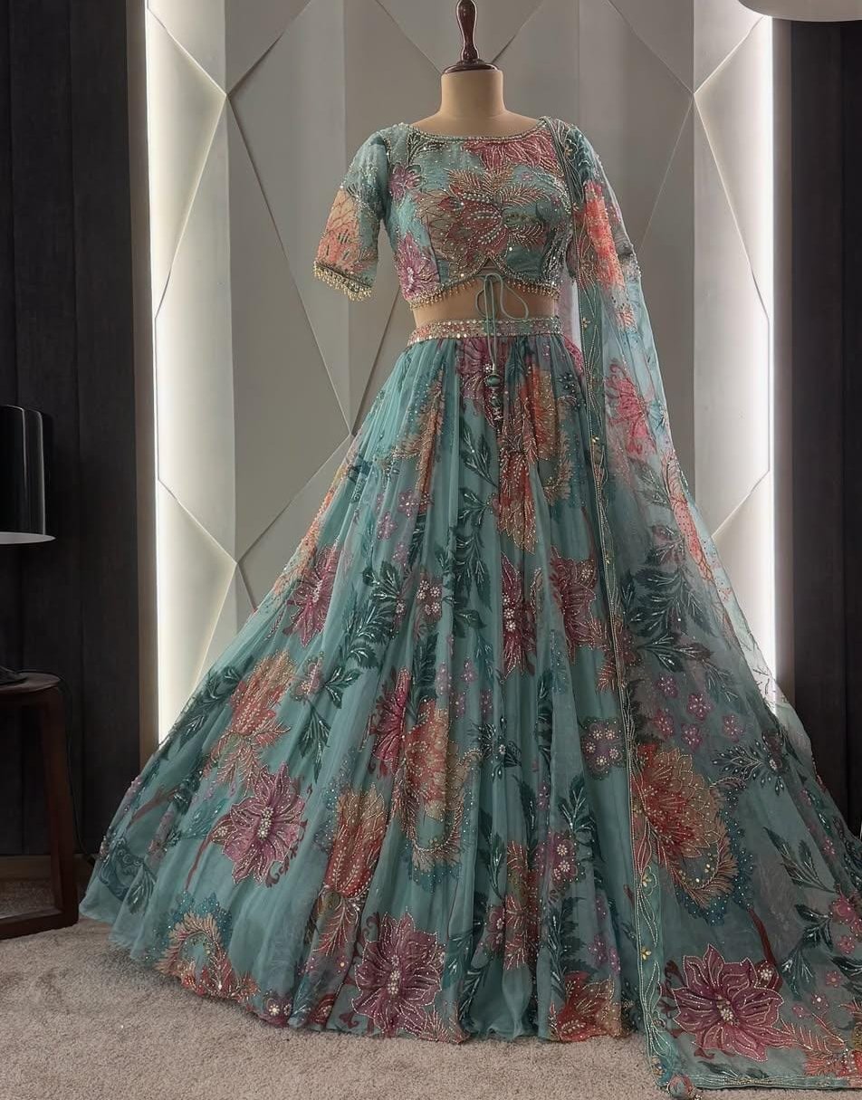 Blue floral hand work lehenga