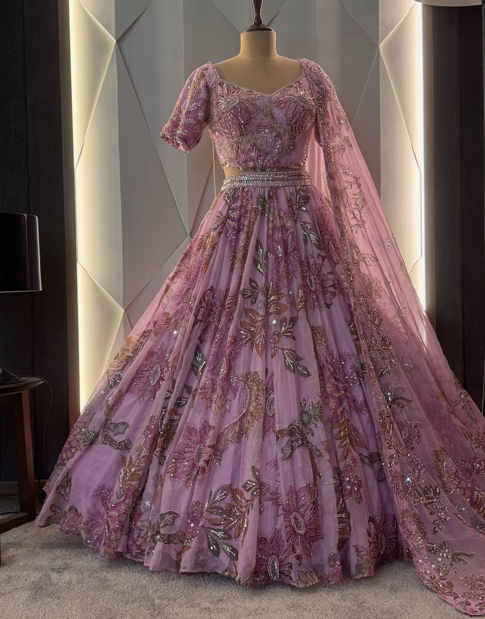 Pink floral hand embroidered lehenga
