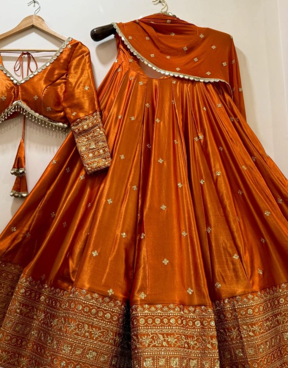 New Rust orange gajji silk lehenga