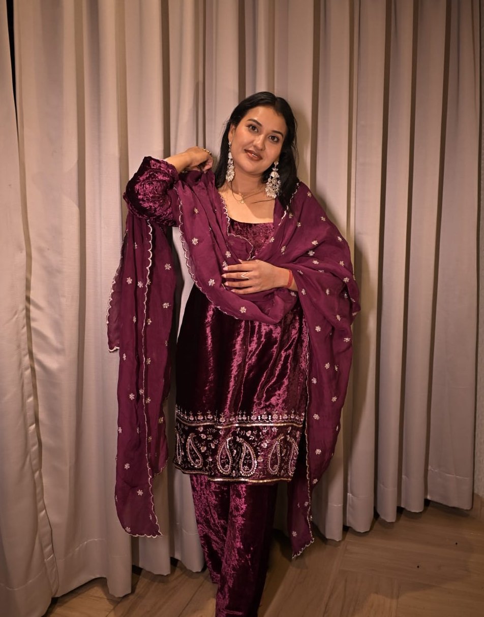 new wine velvet suit