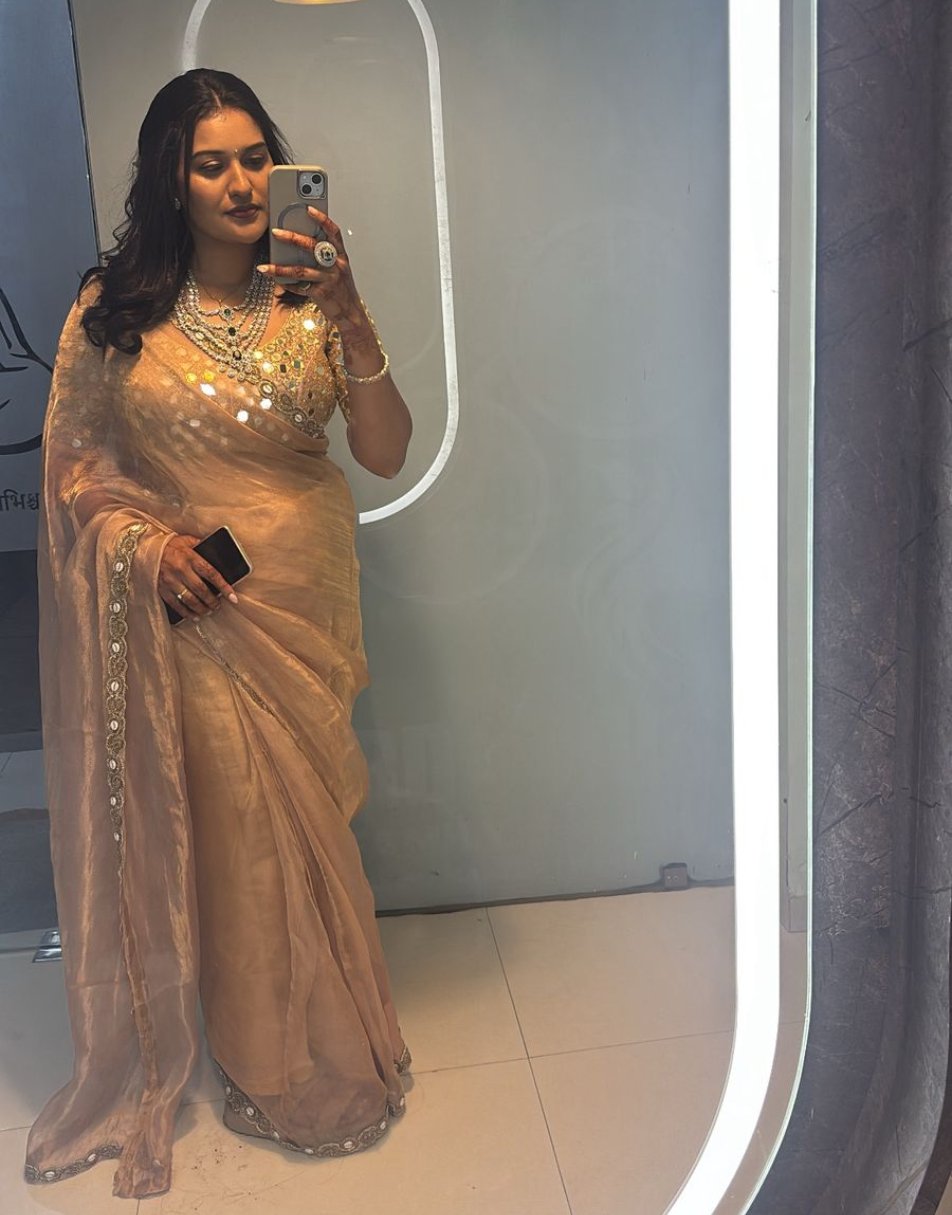 Tissue saree with mirror work blouse