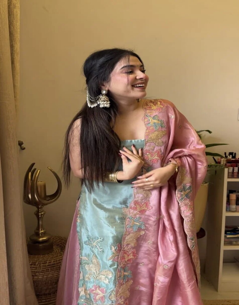 Blue And Bubble Pink Hand Embroidered Sharara Set