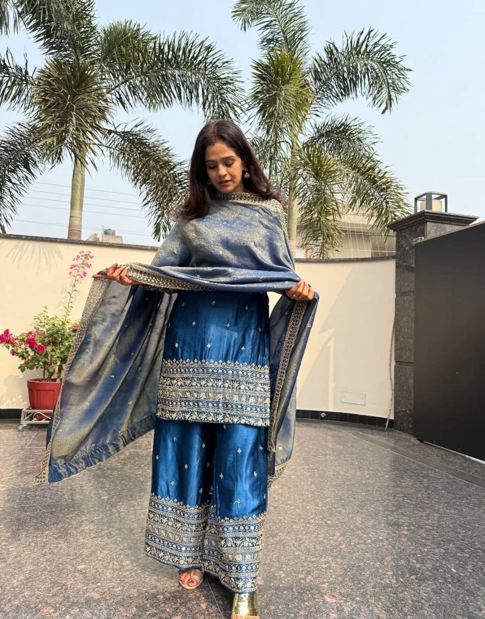 Teal Blue Gajji Silk Sharara Set