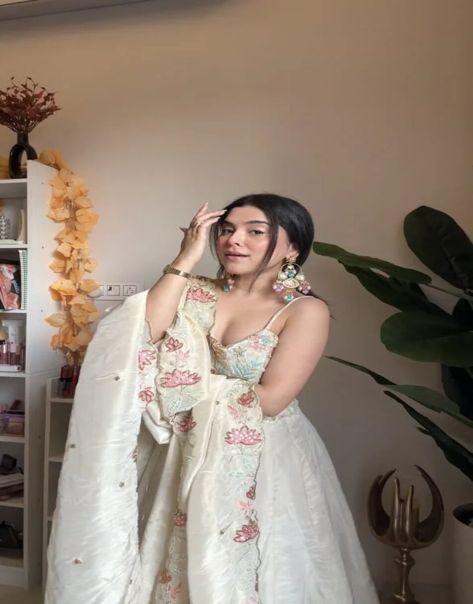 Off White Floral Hand Embroidered Tissue Lehenga