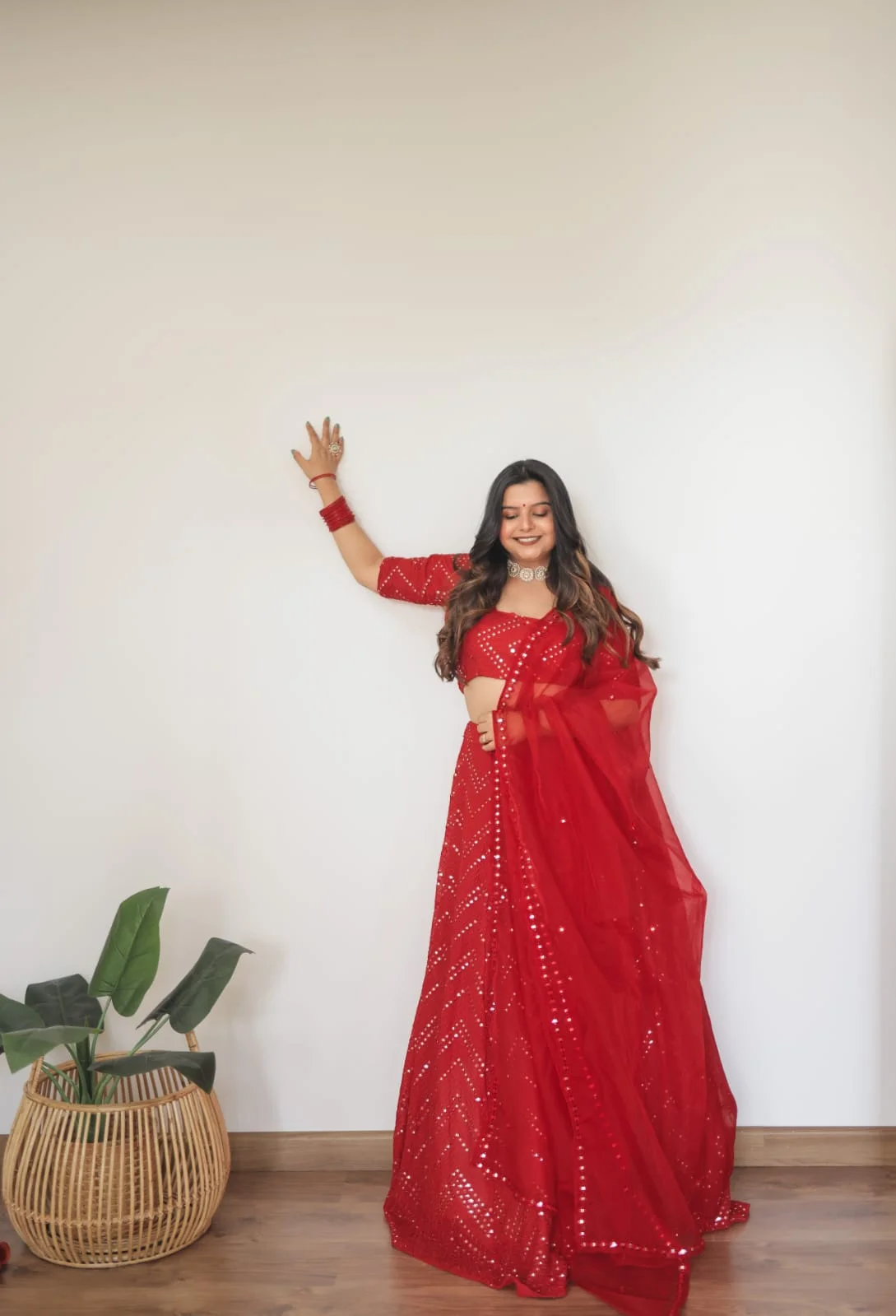 Red mirror lehenga with hand embroidered mirror dupatta