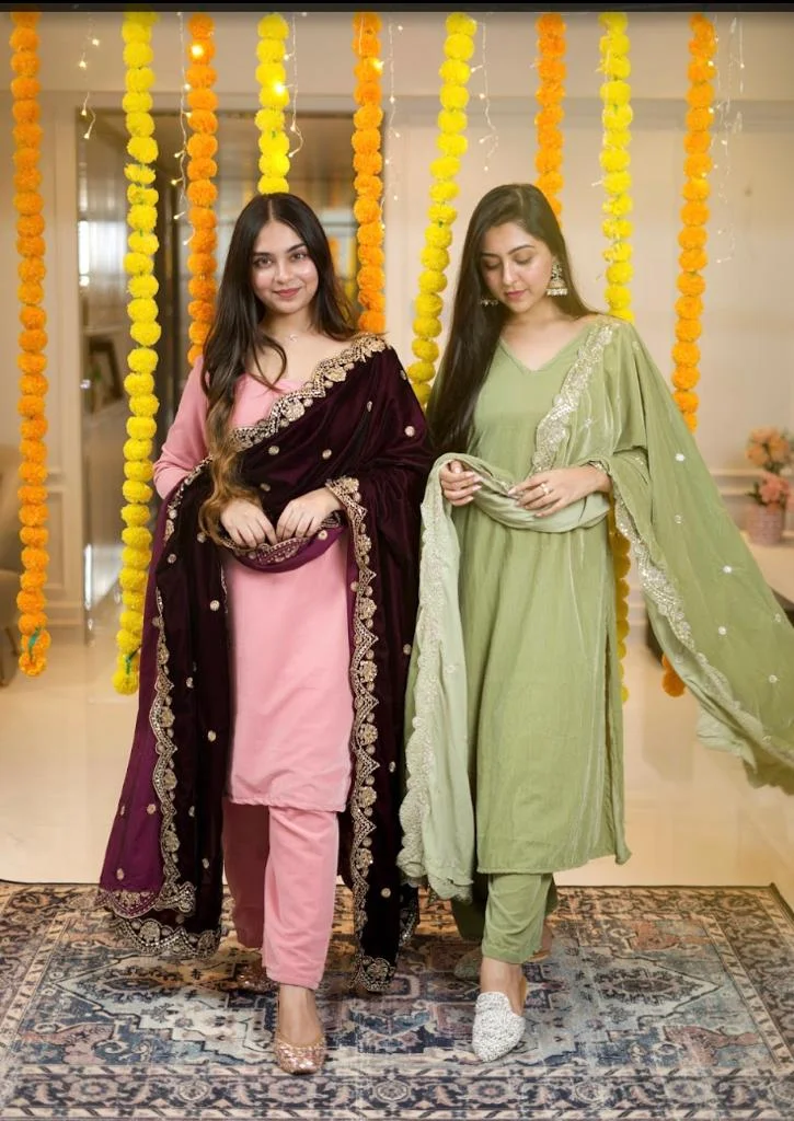 Velvet Suit With Embroidered Duppatta