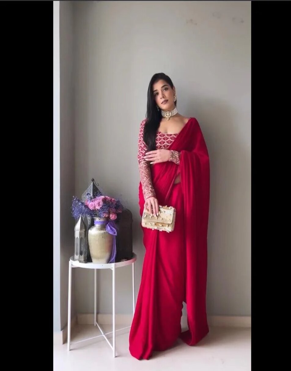 Rani Pink Velvet Saree