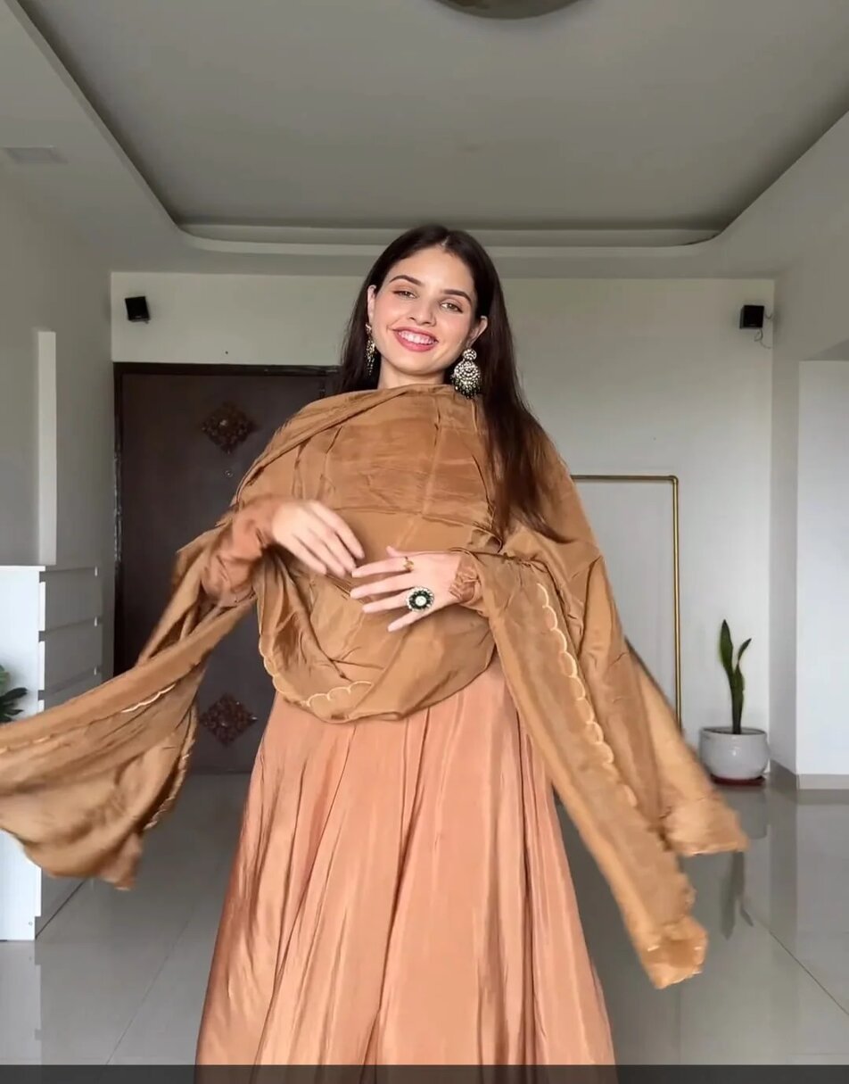 Brown Uppada Silk Anarkali Suit With Embroidered Dupatta