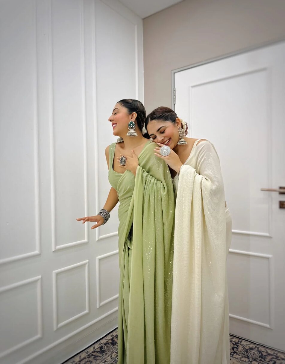 Smoke White Sequin Saree without stitched blouse