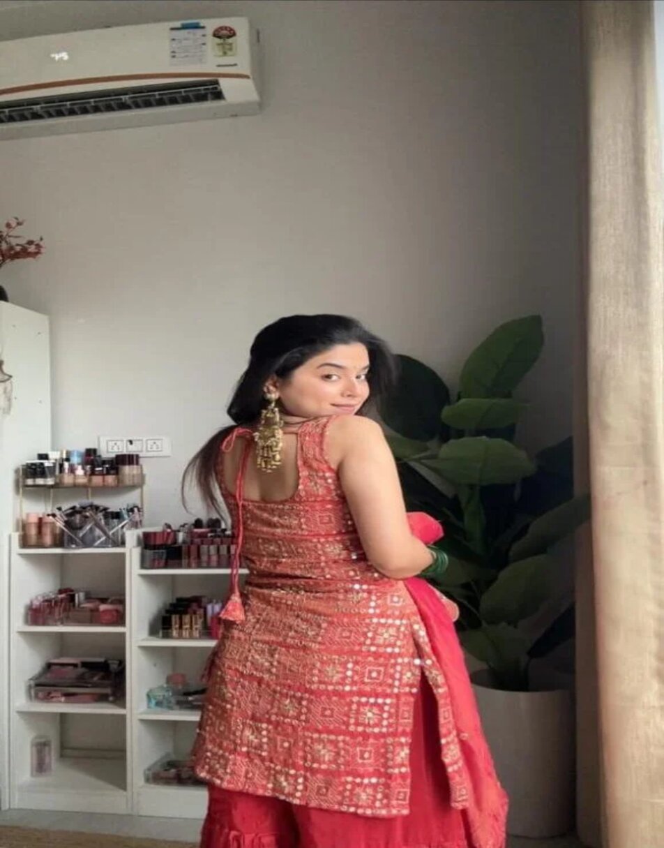 Rust orange mirror work sharara set